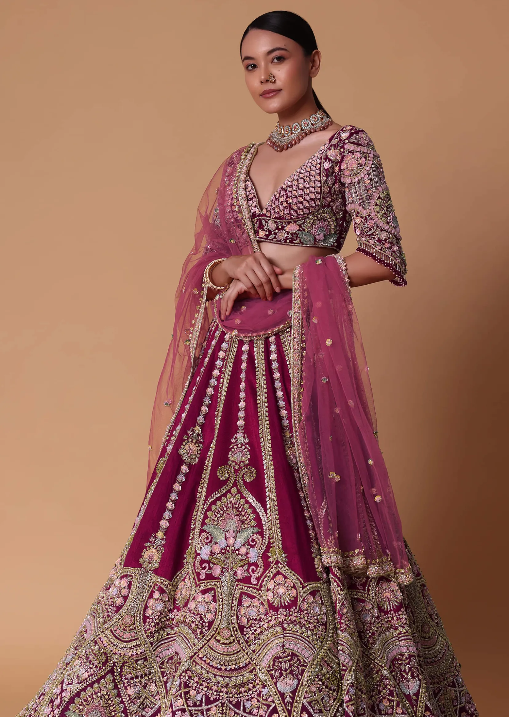 Scarlet Red Raw Silk 16 Kali Zardosi Lehenga With Koti Style Blouse Set