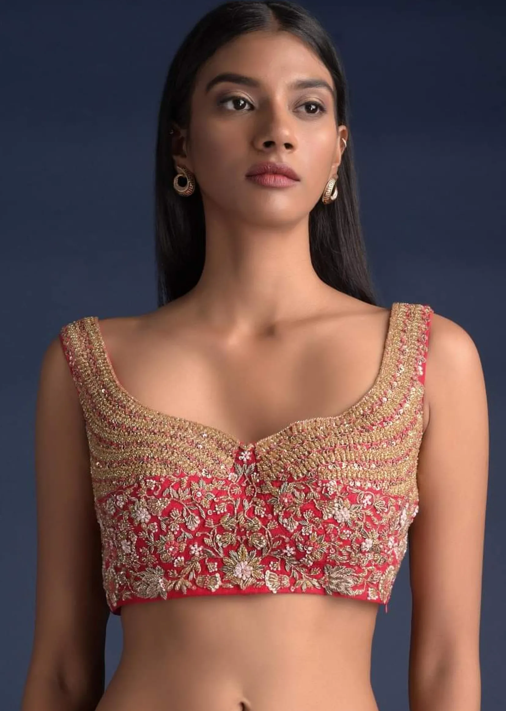 Scarlet Red Sleeveless Blouse In Raw Silk With Floral Jaal And Intricate Cut Dana Work