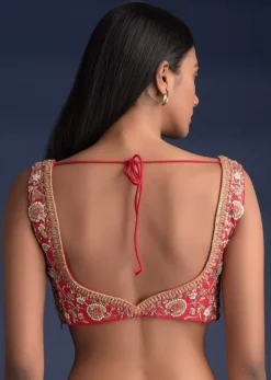 Scarlet Red Sleeveless Blouse In Raw Silk With Floral Jaal And Intricate Cut Dana Work