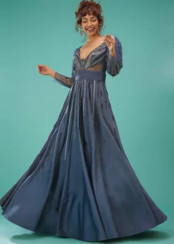 Sea Blue Ball Gown With Ruffle Frills And Embroidery