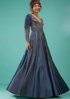 Sea Blue Ball Gown With Ruffle Frills And Embroidery