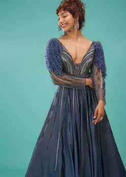 Sea Blue Ball Gown With Ruffle Frills And Embroidery