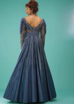 Sea Blue Ball Gown With Ruffle Frills And Embroidery