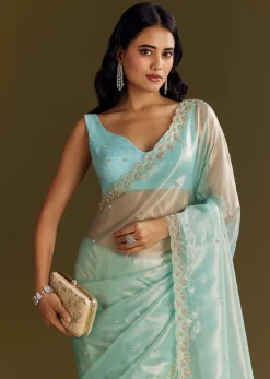 Sea Blue Glass Tissue Saree With Cutdana And Beads Scallop Border