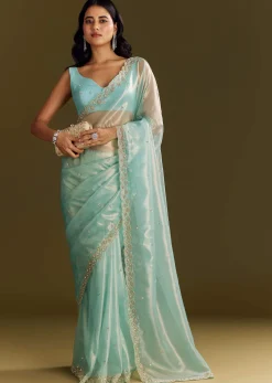 Sea Blue Glass Tissue Saree With Cutdana And Beads Scallop Border