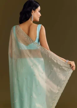 Sea Blue Glass Tissue Saree With Cutdana And Beads Scallop Border