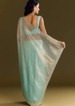 Sea Blue Glass Tissue Saree With Cutdana And Beads Scallop Border
