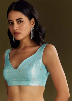 Sea Blue Glass Tissue Saree With Cutdana And Beads Scallop Border
