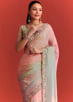 Sea Green And Light Pink Shaded Saree In Crepe Silk With Cutdana Embellishment