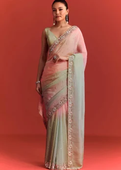 Sea Green And Light Pink Shaded Saree In Crepe Silk With Cutdana Embellishment