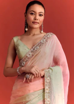 Sea Green And Light Pink Shaded Saree In Crepe Silk With Cutdana Embellishment