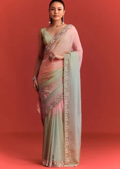 Sea Green And Light Pink Shaded Saree In Crepe Silk With Cutdana Embellishment
