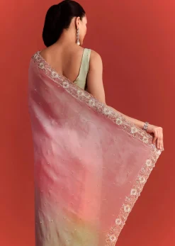 Sea Green And Light Pink Shaded Saree In Crepe Silk With Cutdana Embellishment