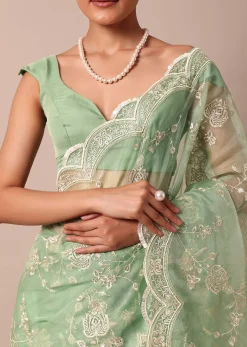 Sea Green Chikankari Saree In Organza Silk With Sequin Scallop Border And Unstitched Blouse Fabric