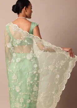 Sea Green Chikankari Saree In Organza Silk With Sequin Scallop Border And Unstitched Blouse Fabric