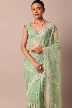 Sea Green Chikankari Saree In Organza Silk With Sequin Scallop Border And Unstitched Blouse Fabric