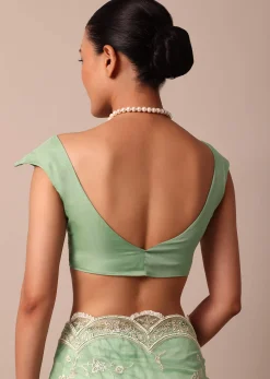 Sea Green Chikankari Saree In Organza Silk With Sequin Scallop Border And Unstitched Blouse Fabric