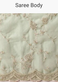 Sea Green Chikankari Saree In Organza Silk With Sequin Scallop Border And Unstitched Blouse Fabric