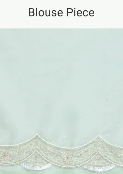 Sea Green Chikankari Saree In Organza Silk With Sequin Scallop Border And Unstitched Blouse Fabric