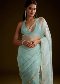 Sea Green Crush Tissue Saree With Stone And Moti Embroidery And Scallop Border