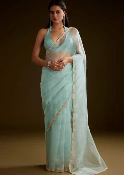 Sea Green Crush Tissue Saree With Stone And Moti Embroidery And Scallop Border