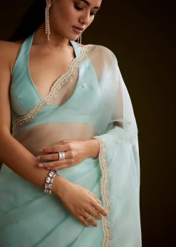 Sea Green Crush Tissue Saree With Stone And Moti Embroidery And Scallop Border