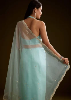 Sea Green Crush Tissue Saree With Stone And Moti Embroidery And Scallop Border