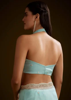 Sea Green Crush Tissue Saree With Stone And Moti Embroidery And Scallop Border