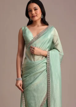 Sea Green Crushed Tissue Saree With Stone Embellished Border
