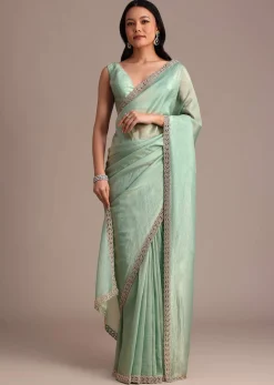 Sea Green Crushed Tissue Saree With Stone Embellished Border