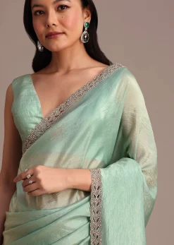 Sea Green Crushed Tissue Saree With Stone Embellished Border