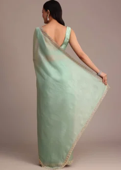 Sea Green Crushed Tissue Saree With Stone Embellished Border