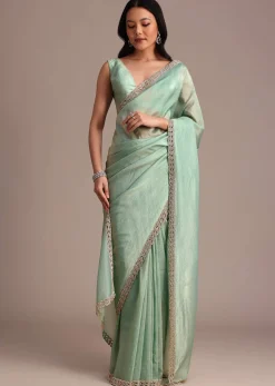 Sea Green Crushed Tissue Saree With Stone Embellished Border
