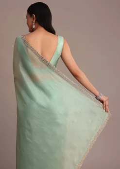 Sea Green Crushed Tissue Saree With Stone Embellished Border
