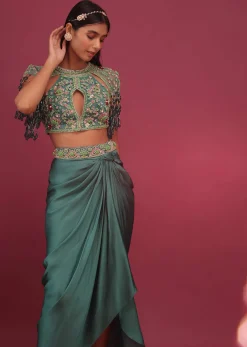 Sea Green Dhoti Crop Top Set In Satin Organza With Embroidery - NOOR 2022