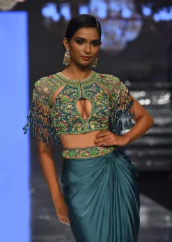 Sea Green Dhoti Crop Top Set In Satin Organza With Embroidery - NOOR 2022