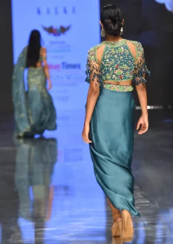 Sea Green Dhoti Crop Top Set In Satin Organza With Embroidery - NOOR 2022