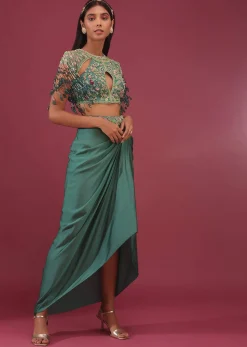 Sea Green Dhoti Crop Top Set In Satin Organza With Embroidery - NOOR 2022