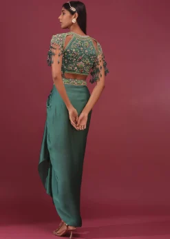 Sea Green Dhoti Crop Top Set In Satin Organza With Embroidery - NOOR 2022