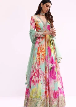 Sea Green Embroidered Chiffon Anarkali Set
