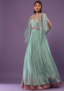 Sea Green Embroidered Gown In Crepe