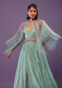 Sea Green Embroidered Gown In Crepe
