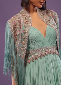 Sea Green Embroidered Gown In Crepe