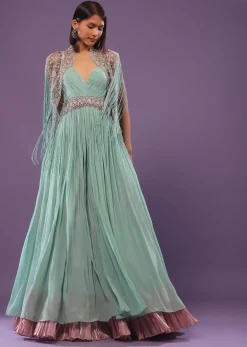 Sea Green Embroidered Gown In Crepe