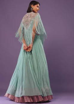 Sea Green Embroidered Gown In Crepe