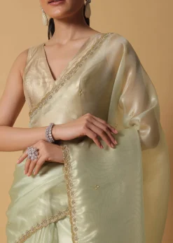 Sea Green Foil Saree In Tissue With Cut Dana Embroidered Borders