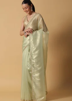 Sea Green Foil Saree In Tissue With Cut Dana Embroidered Borders