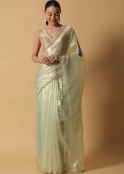 Sea Green Foil Saree In Tissue With Cut Dana Embroidered Borders