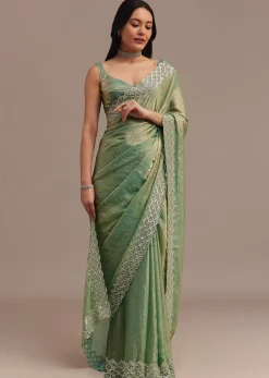 Sea Green Glass Tissue Saree With Cutdana And Stone Embroidery