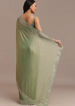 Sea Green Glass Tissue Saree With Cutdana And Stone Embroidery